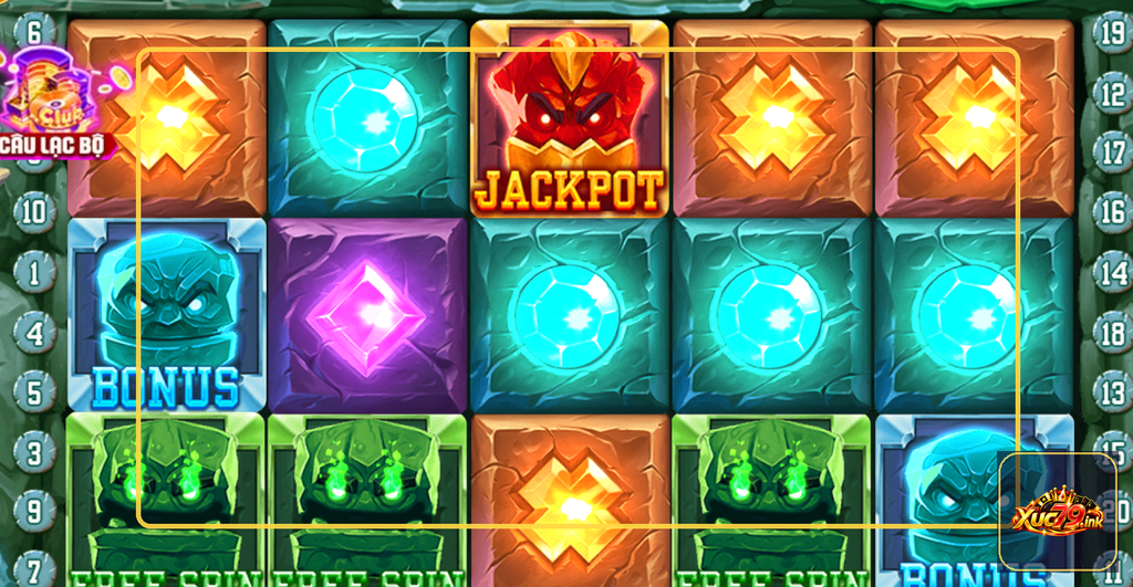 Ảnh cận cảnh các biểu tượng đặc biệt Jackpot, Bonus, Free Spin và đá ma thuật trong Thần rừng Xuc79. Ảnh cận cảnh các biểu tượng đặc biệt Jackpot, Bonus, Free Spin và đá ma thuật trong Thần rừng Xuc79.