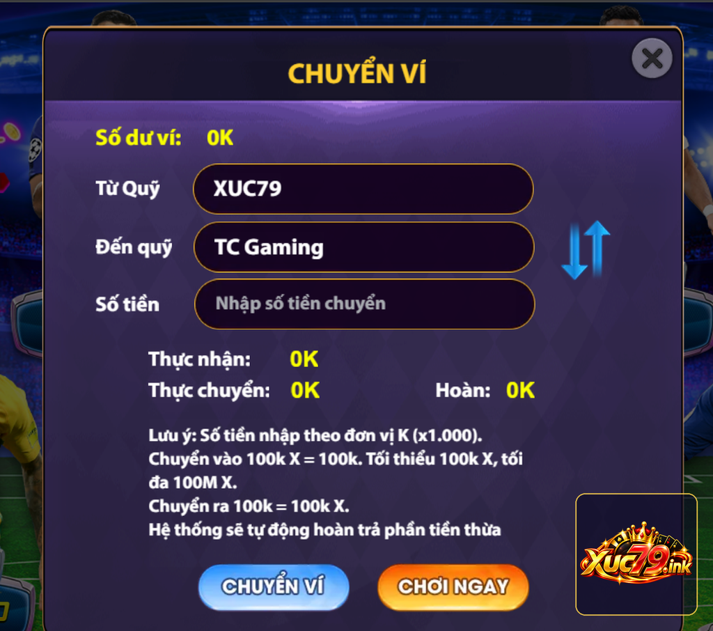 Ảnh cửa sổ chuyển ví Live casino Xuc79 từ quỹ XUC79 sang quỹ TC Gaming. Ảnh cửa sổ chuyển ví Live casino Xuc79 từ quỹ XUC79 sang quỹ TC Gaming.