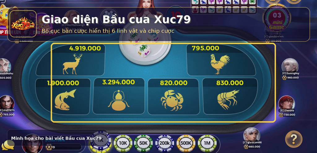 Ảnh giao diện bàn Bầu cua Xuc79 với 6 cửa cược và chip mệnh giá. Ảnh giao diện bàn Bầu cua Xuc79 với 6 cửa cược và chip mệnh giá.