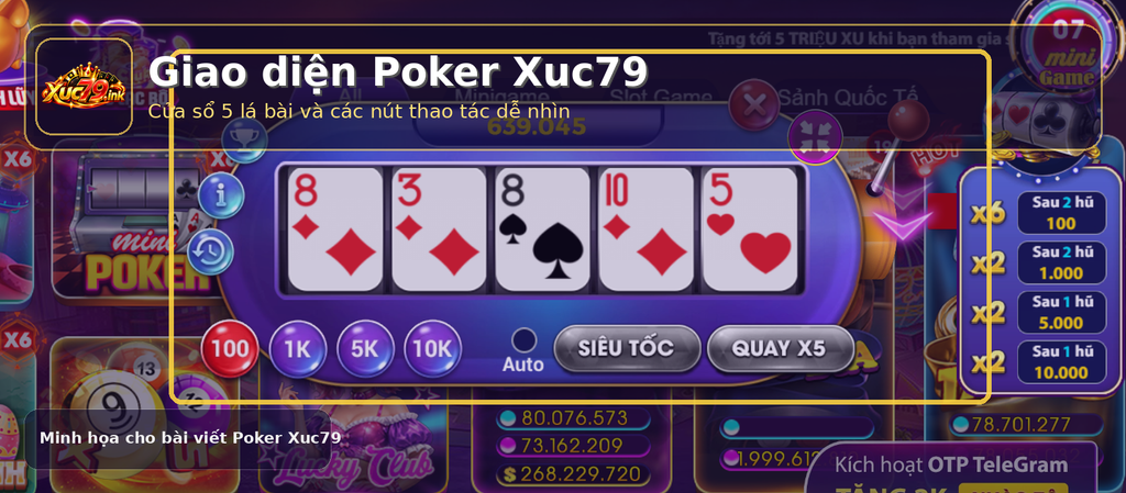 Ảnh giao diện Poker Xuc79 với 5 lá bài hiển thị trên màn hình chính.