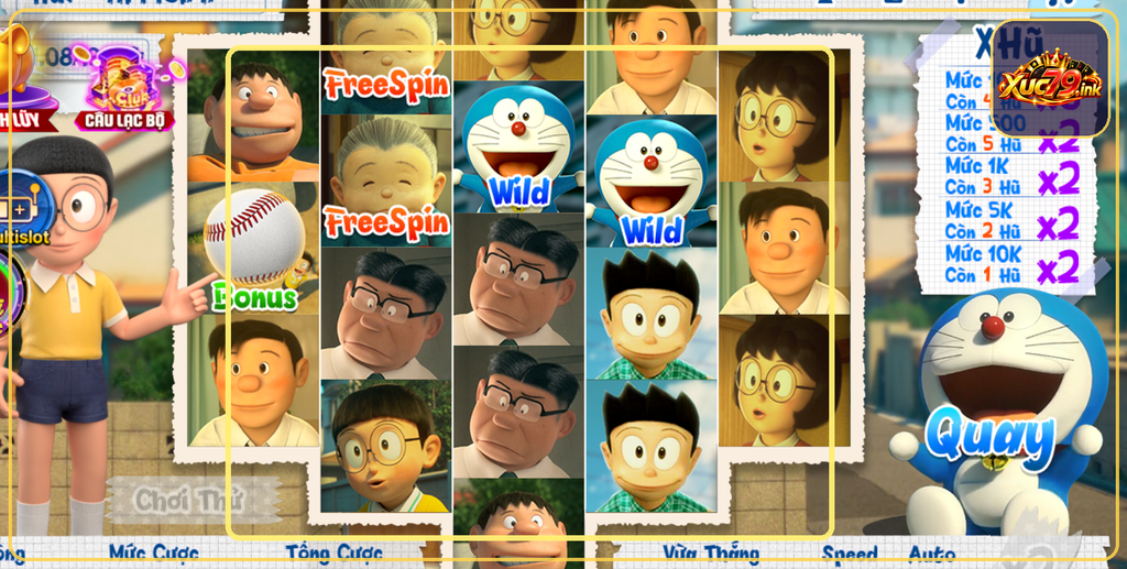 Ảnh giao diện Slot Doraemon Xuc79 với các cuộn slot nhân vật Doraemon và khu vực hũ thưởng. Ảnh giao diện Slot Doraemon Xuc79 với các cuộn slot nhân vật Doraemon và khu vực hũ thưởng.