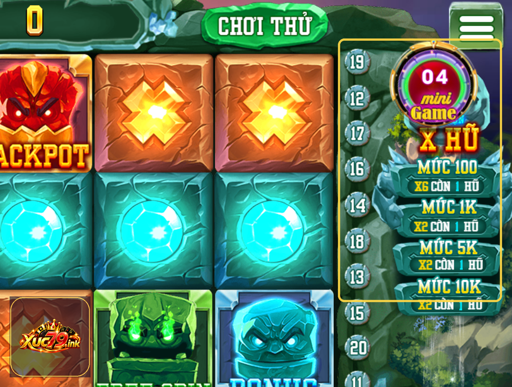 Ảnh minh họa khu vực X hũ và các biểu tượng Jackpot, Bonus, Free Spin trong game Thần rừng Xuc79. Ảnh minh họa khu vực X hũ và các biểu tượng Jackpot, Bonus, Free Spin trong game Thần rừng Xuc79.