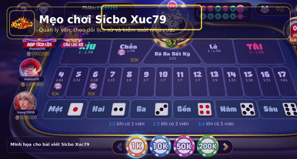 Ảnh minh họa kinh nghiệm chơi Sicbo Xuc79 với điểm nhấn ở khu vực lịch sử và chip cược. Ảnh minh họa kinh nghiệm chơi Sicbo Xuc79 với điểm nhấn ở khu vực lịch sử và chip cược.
