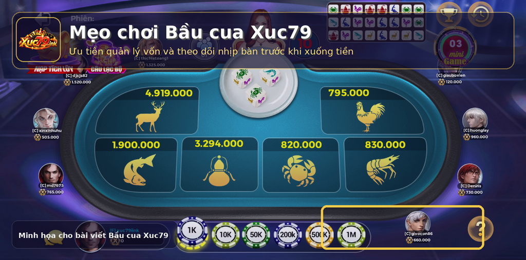 Ảnh minh họa mẹo chơi Bầu cua Xuc79 với khu vực chip cược ở phía dưới bàn. Ảnh minh họa mẹo chơi Bầu cua Xuc79 với khu vực chip cược ở phía dưới bàn.