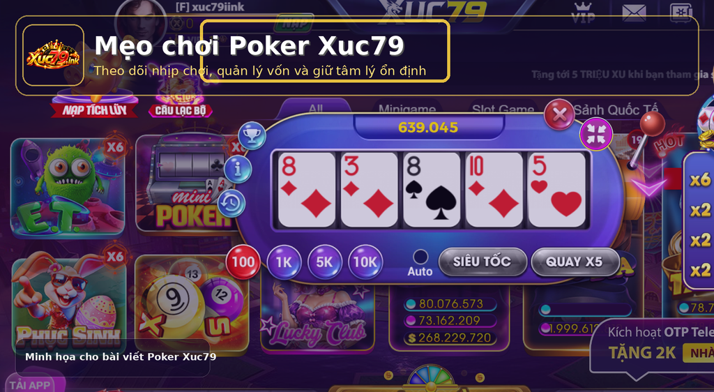 Ảnh minh họa mẹo chơi Poker Xuc79 với trọng tâm là quản lý vốn và theo dõi nhịp chơi.