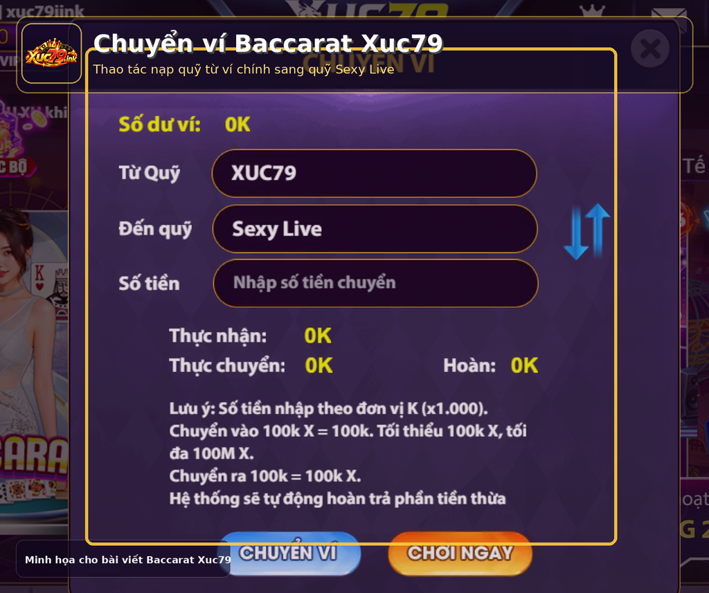 Ảnh thao tác chuyển ví từ quỹ XUC79 sang quỹ Sexy Live trong Baccarat Xuc79. Ảnh thao tác chuyển ví từ quỹ XUC79 sang quỹ Sexy Live trong Baccarat Xuc79.