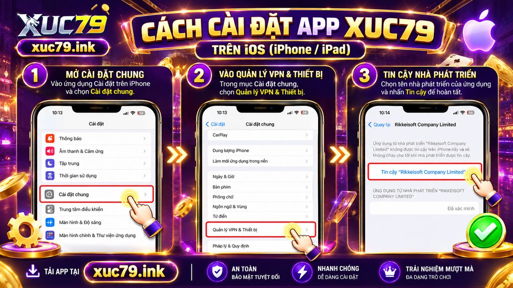 Các bước cài đặt và xác nhận app Xuc79 trên iOS.
