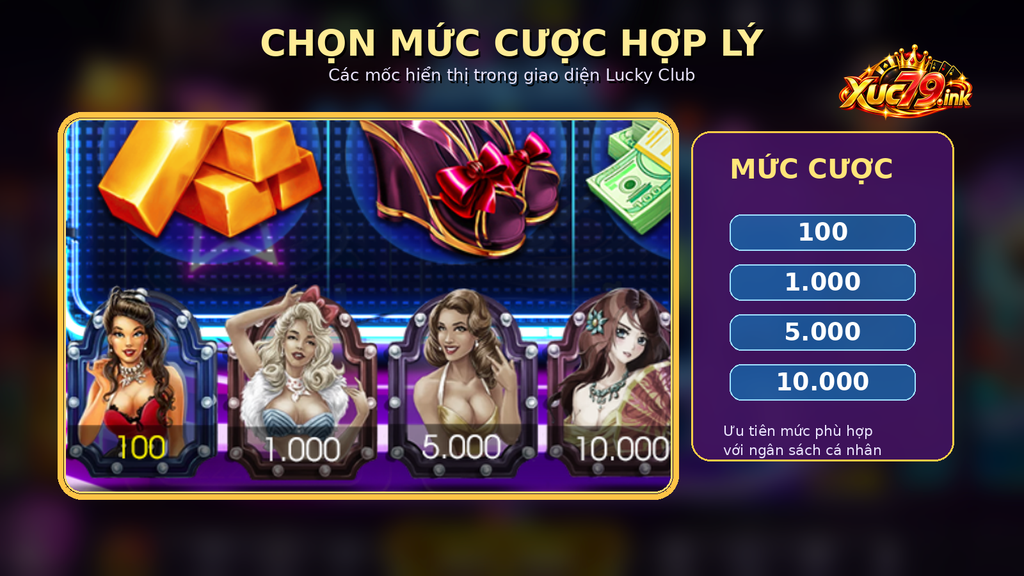 Các mốc cược hiển thị trong Lucky Club gồm 100, 1.000, 5.000 và 10.000