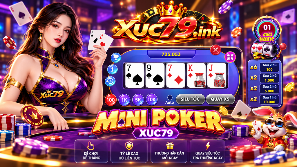 Giao diện Mini Poker Xuc79 theo phong cách tím - vàng - neon, có logo xuc79.ink rõ ràng