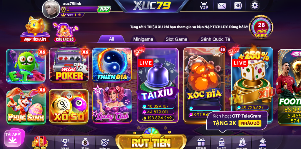 Giao diện sảnh game Xuc79 sau khi truy cập tài khoản