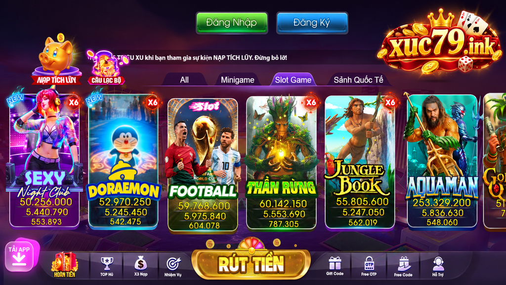 Giao diện sảnh game Xuc79 với nhiều khu vực tính năng và ưu đãi nổi bật