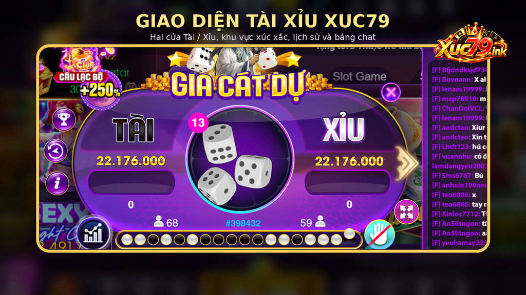 Giao diện Tài xỉu Xuc79 với hai cửa Tài/Xỉu, xúc xắc, lịch sử và chat