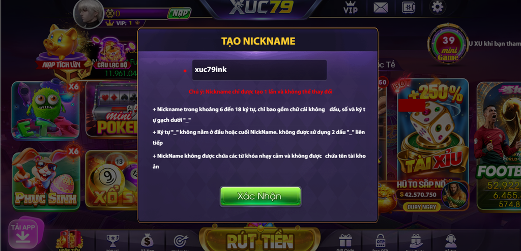 Giao diện tạo nickname sau khi hoàn tất đăng ký tài khoản Xuc79