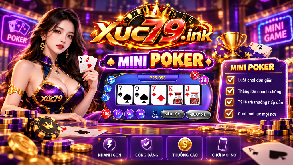 Hình minh họa Mini Poker Xuc79 với nhận diện xuc79.ink và giao diện bài năm lá