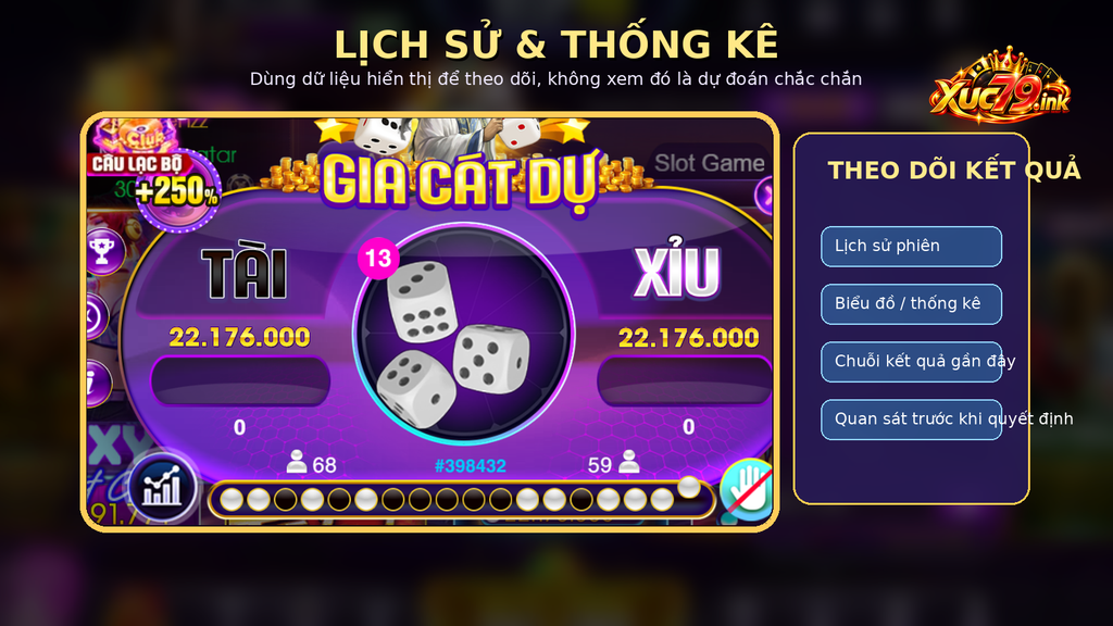 Khu vực lịch sử và thống kê hỗ trợ quan sát các phiên Tài xỉu gần đây