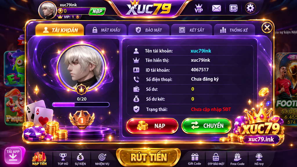 Khu vực quản lý tài khoản Xuc79 với thông tin hồ sơ và các tab bảo mật