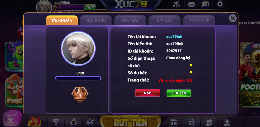Khu vực thông tin tài khoản sau khi đăng ký Xuc79 thành công