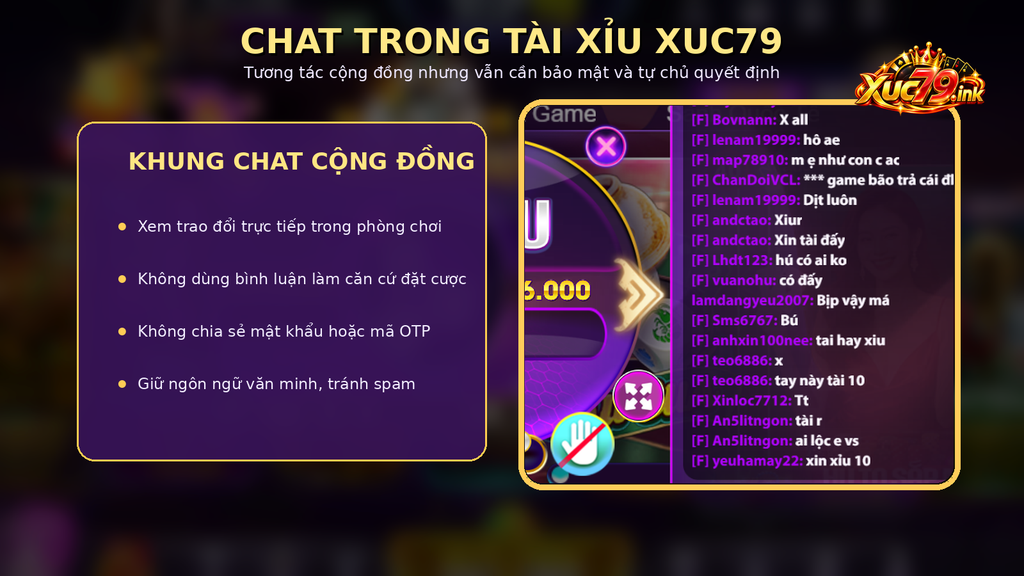 Khung chat cộng đồng bên cạnh bàn Tài xỉu Xuc79