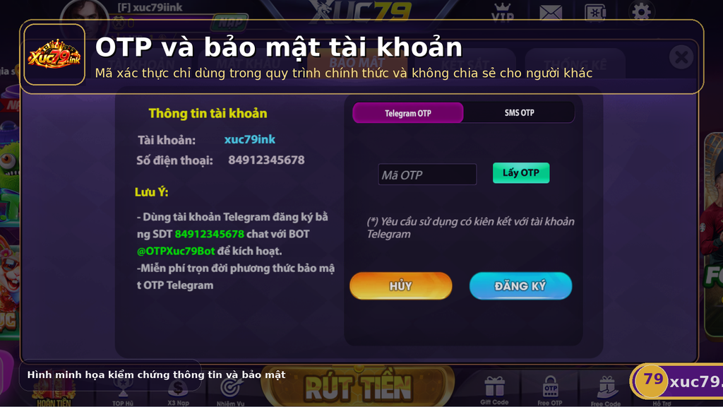 Ảnh khu vực OTP và bảo mật Xuc79 dùng để minh họa quy trình xác thực tài khoản. Kiểm tra tài khoản, OTP và bảo mật trước khi giao dịch