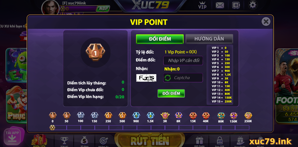 Màn hình VIP Point được hiển thị trong tài khoản Xuc79