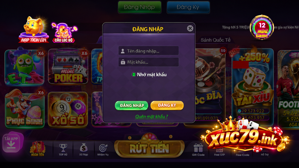 Minh họa thao tác đăng nhập trên sảnh game Xuc79