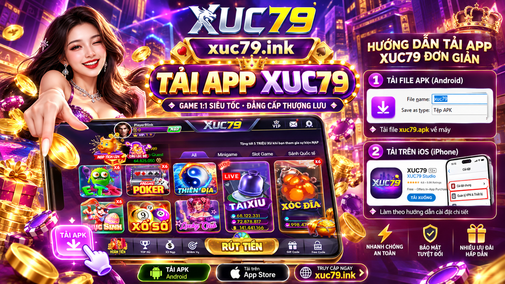 Nhận diện xuc79.ink được đặt rõ ràng trong hình minh họa tải app.