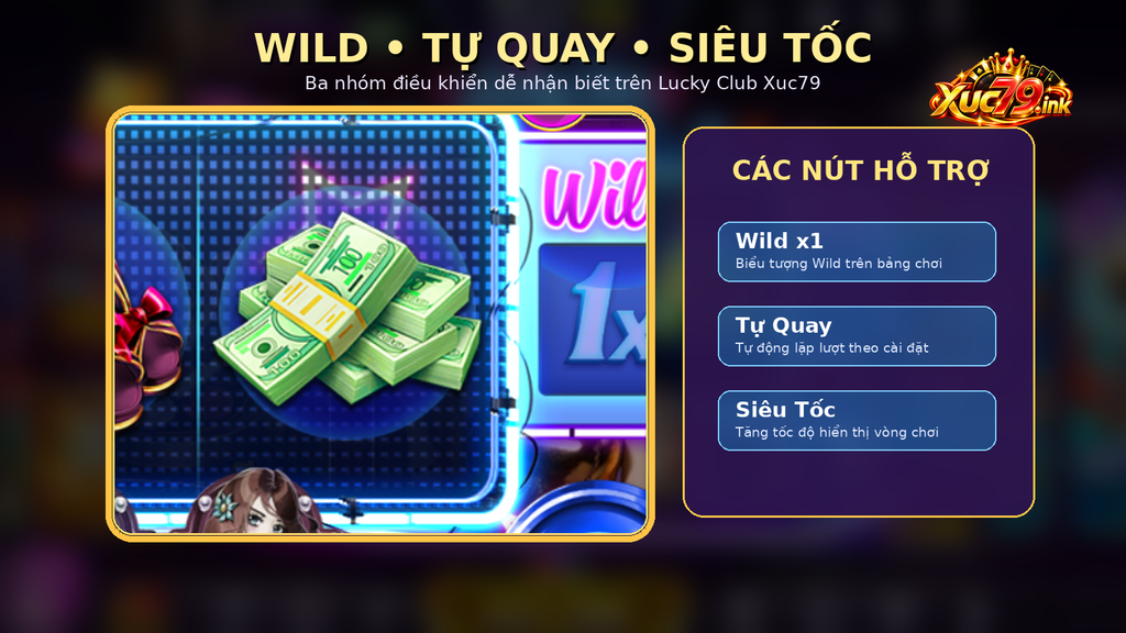 Nhóm tính năng Wild x1, Tự Quay và Siêu Tốc nằm ở cạnh phải của giao diện